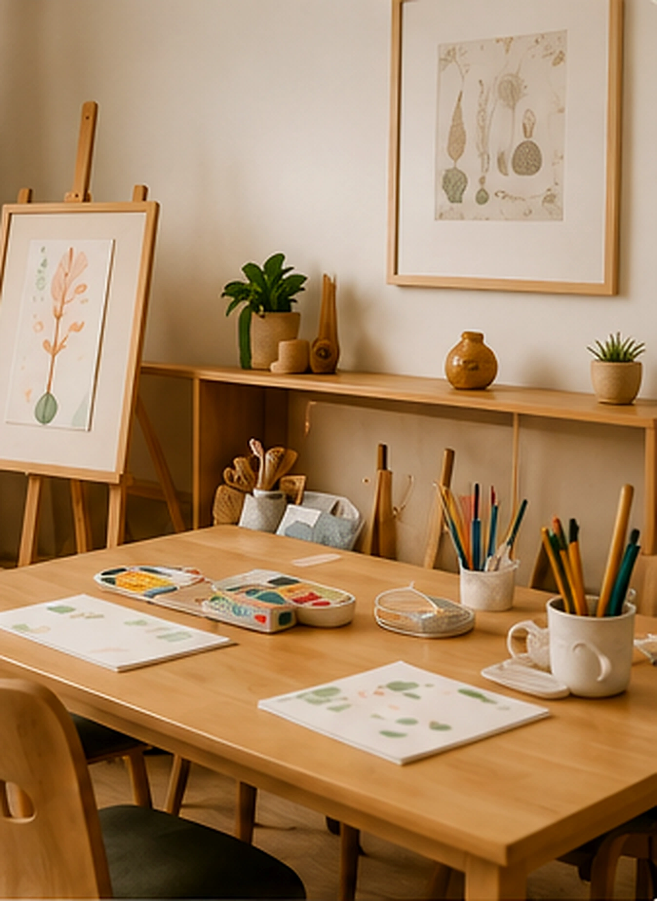 Creative studio with art materials and natural wood