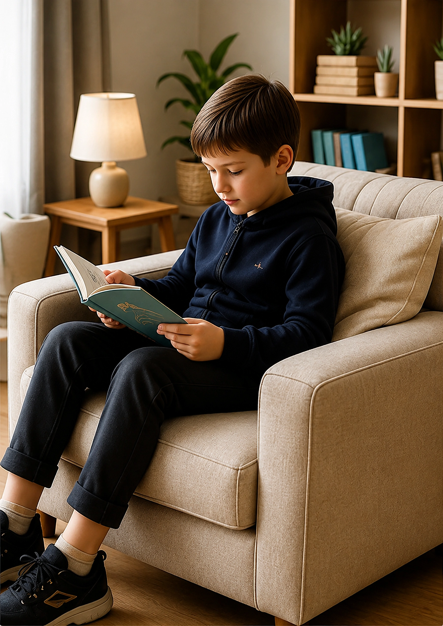 A child reading in a calm Scandinavian learning corner