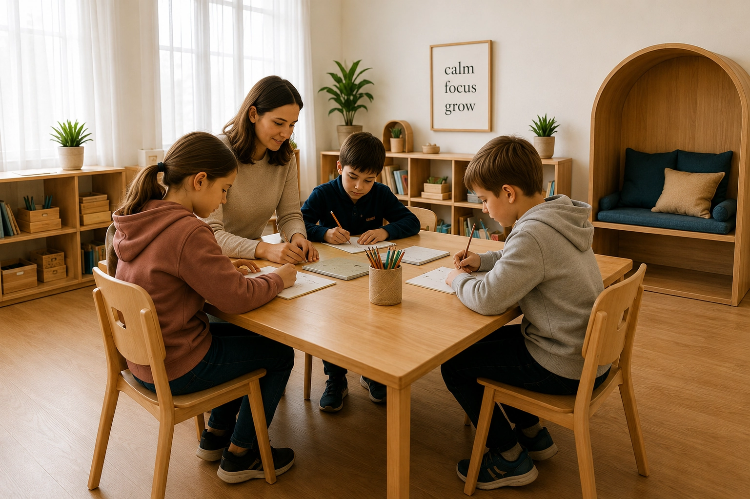 Teacher offering calm individualized support during learning