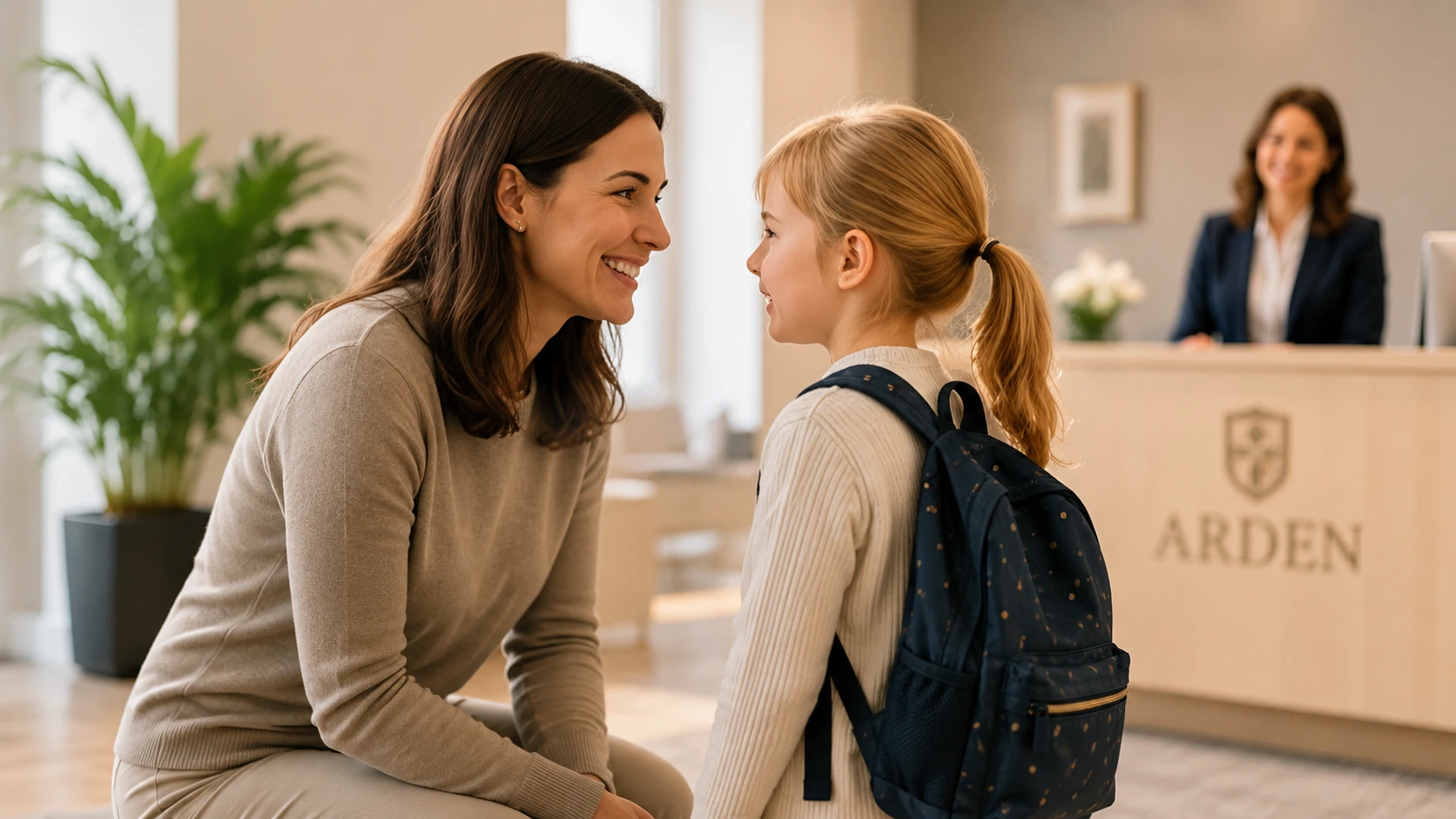 Warm admissions conversation in a calm school environment
