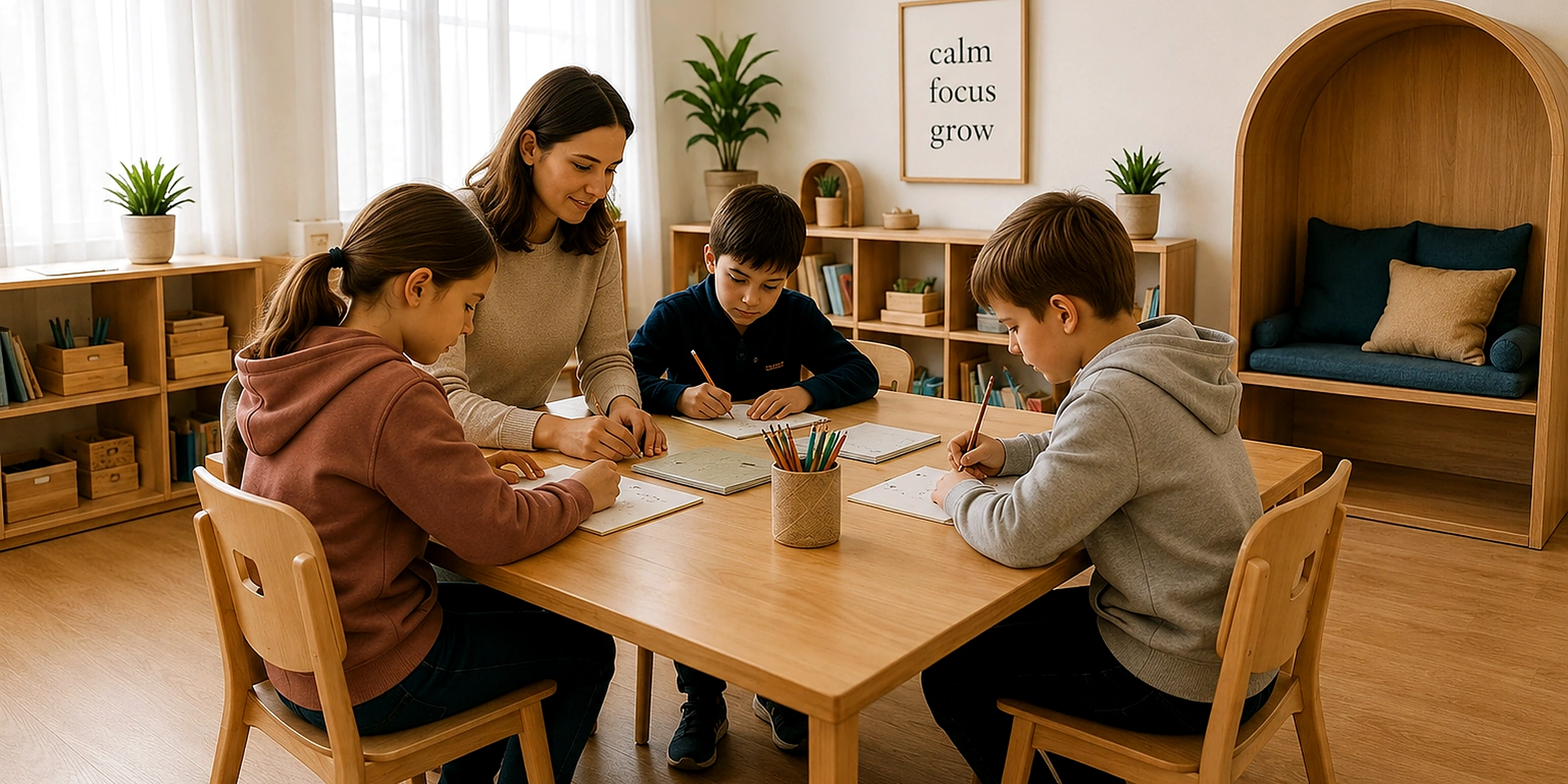 Teacher and children learning together in a calm small-group classroom