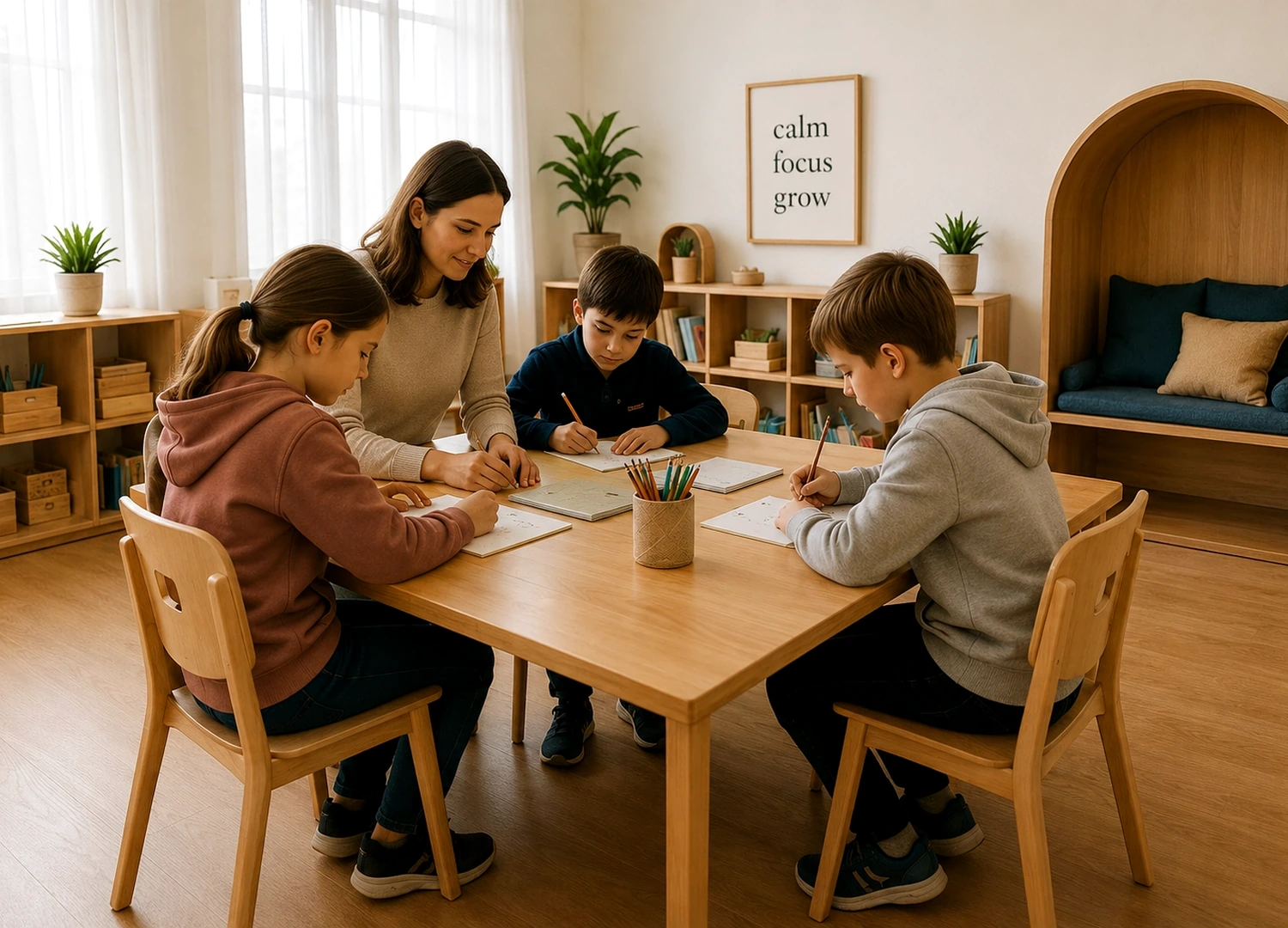 Teacher working with four children around a learning table