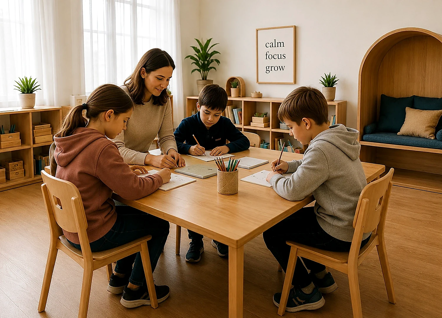 Teacher helping a child organize learning materials