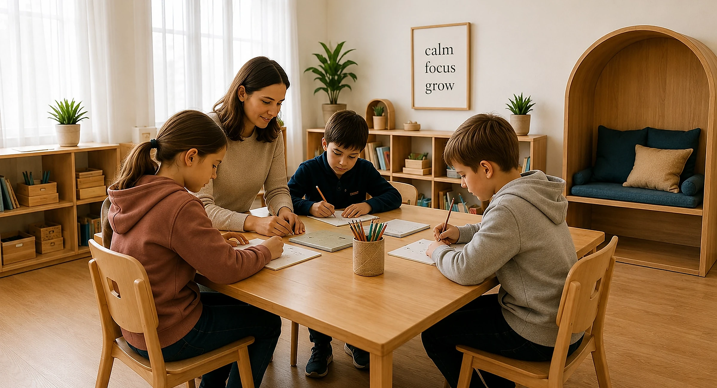 Teacher supporting children in a calm small-group classroom