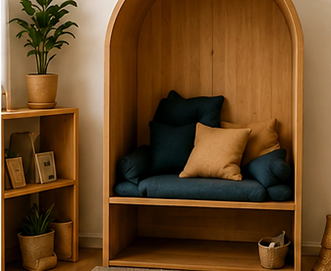 Quiet sensory reset space with soft seating